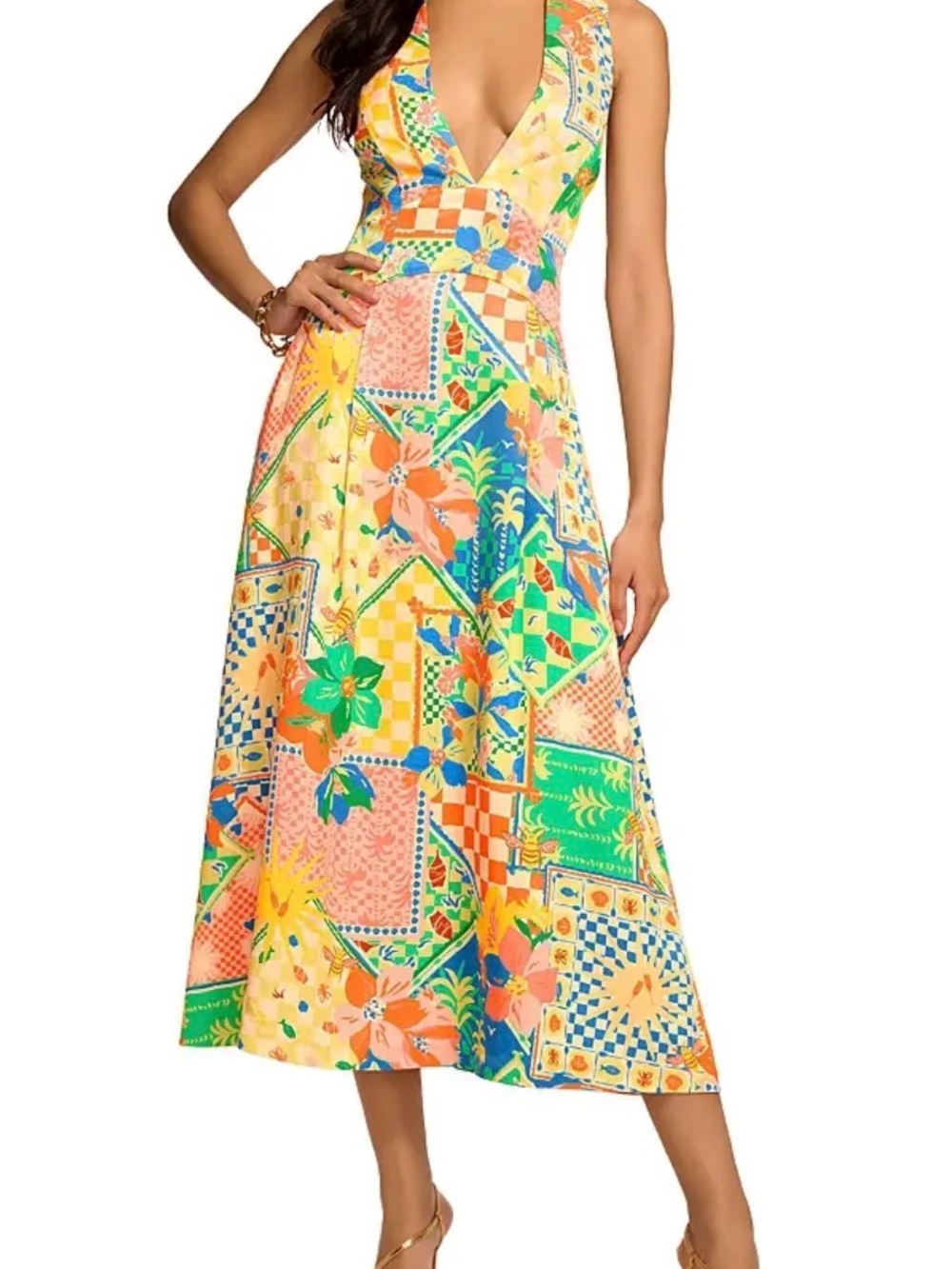 Ramy Brook Yellow Multi Floral Patchwork V-Neck Midi Dress